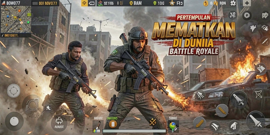Tampilan menarik dari gameplay intens BOWO77 di medan pertempuran.