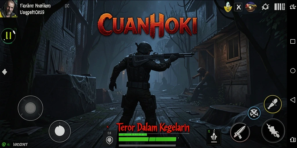 Tangkapan layar gameplay CUANHOKI yang menunjukkan suasana mencekam.