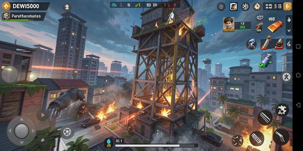 Tampilan gameplay menegangkan di DEWI5000 dengan strategi menara yang kreatif.
