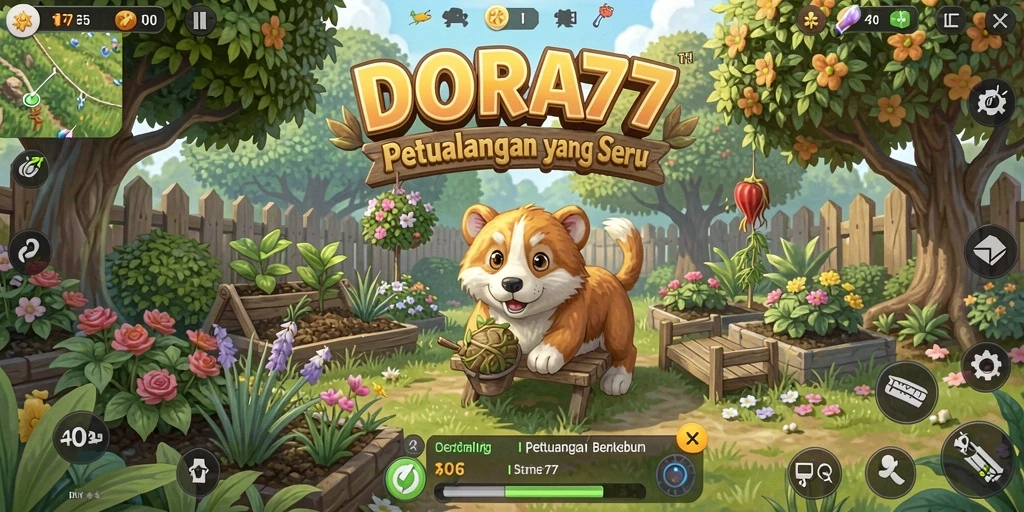Tampilan gameplay DORA77 dengan lanskap pertanian yang indah dan interaksi pemain.