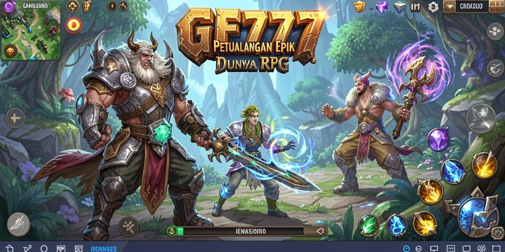 Screenshot utama GF777 menunjukkan karakter sedang bertarung dalam pertempuran RPG yang intens.