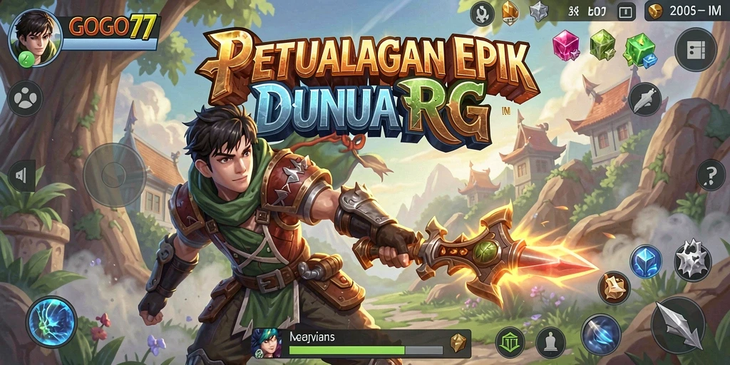 Tangkapan layar gameplay GOGO77 menampilkan pertarungan epik dan eksplorasi dunia RPG.
