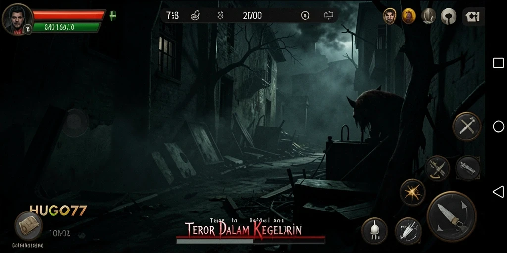 Screenshot HUGO77 menampilkan suasana mencekam dengan makhluk menyeramkan.