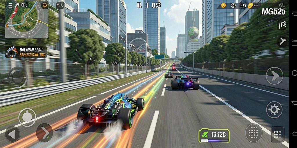 Screenshot dari gameplay MG525 menunjukkan balapan yang intens dan mobil yang memukau.