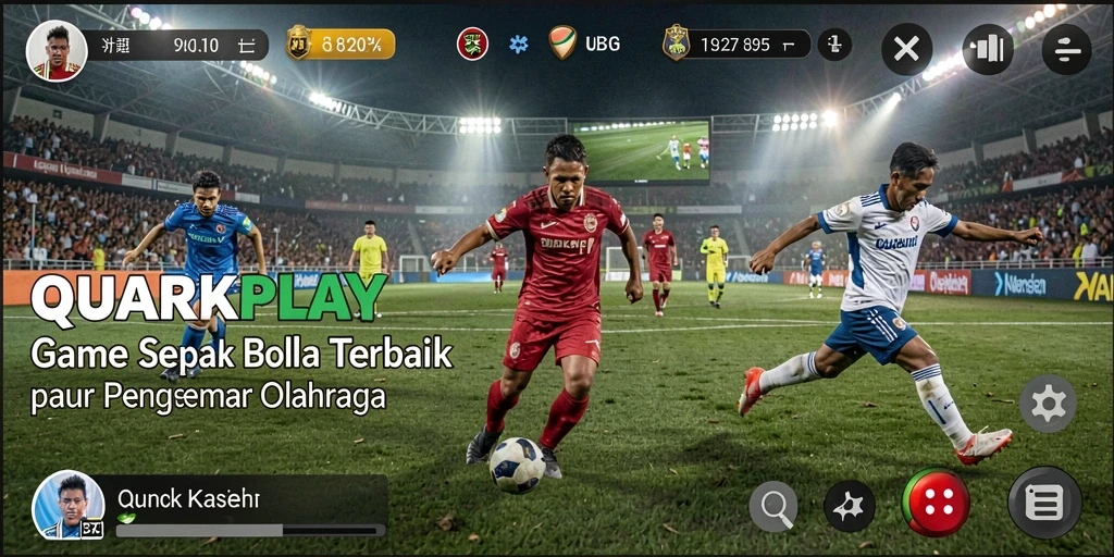 Screenshot utama QUARKPLAY menampilkan aksi dramatis di lapangan sepak bola.