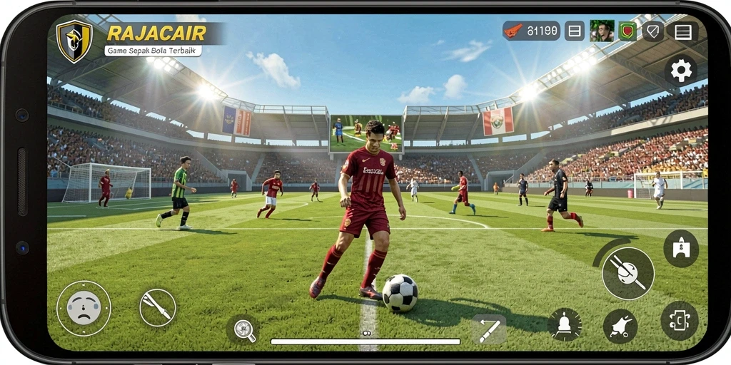 Screenshot gameplay RAJACAIR yang menampilkan aksi seru di lapangan sepak bola.