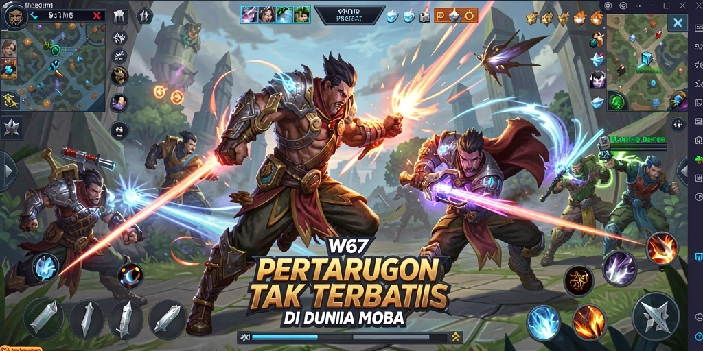 Gameplay W67 yang intens dengan aksi seru di arena MOBA.