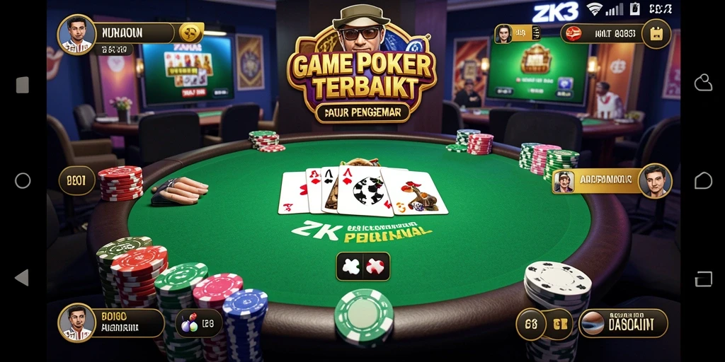 Screenshot utama ZK3 menampilkan aksi intens dalam permainan poker.